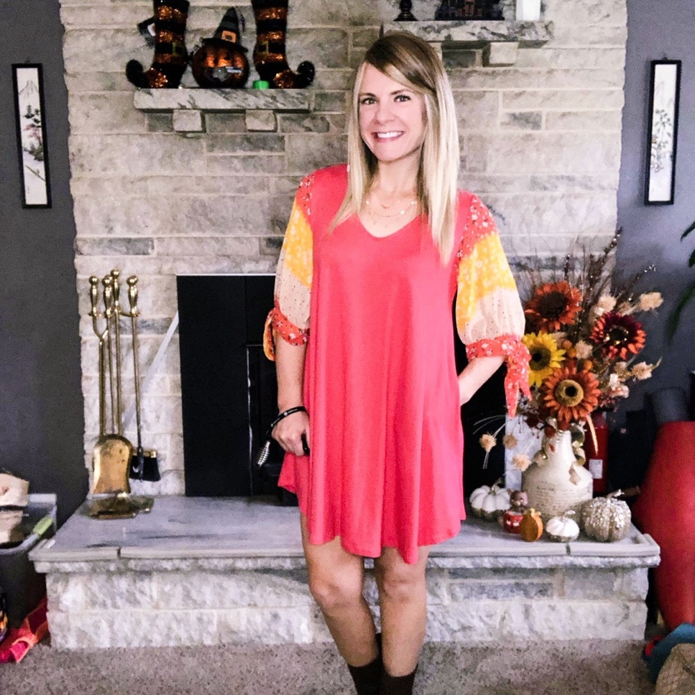 NWT Coral Dress with Floral Chiffon Sleeves